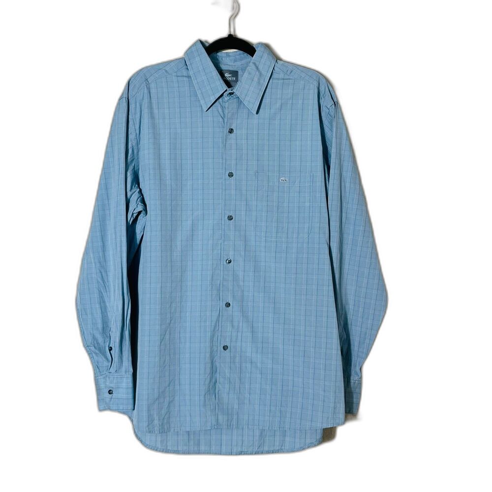 Lacoste Mens Big & Tall 45 Muted Blue Subtle Plaid Button Up Dress Shirt Long